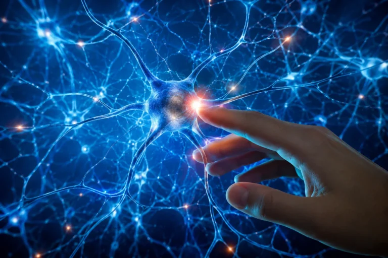 Hand berührt ein leuchtendes Netzwerk aus Nervenzellen, Bild für Gehirn und Psyche